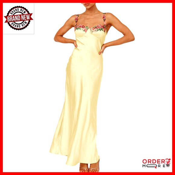 Dresses & Skirts - Satin Spaghetti Strap Floral Embroidered Maxi Dress Sweetheart Neckline Backless